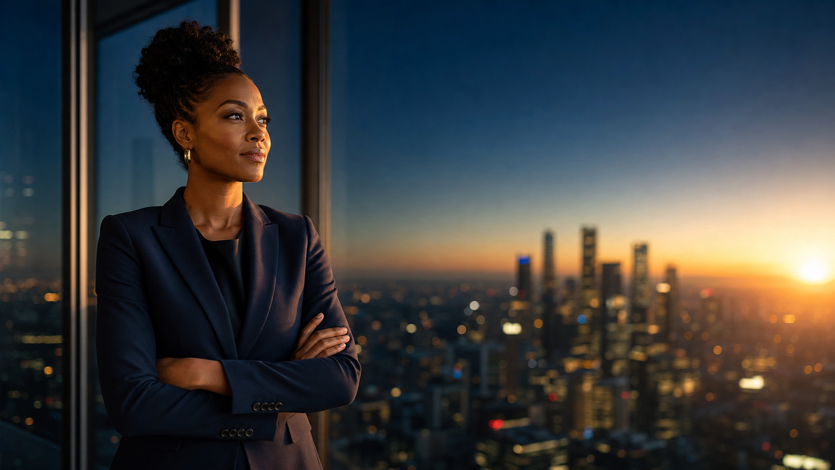 Leader overlooking cityscape at golden hour